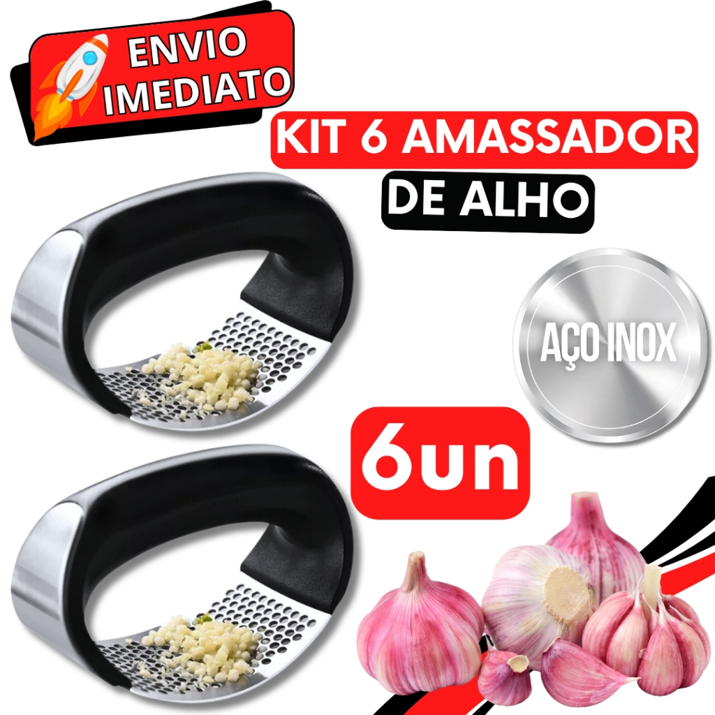 KIT 6 Triturador Amassador de Alho Cebola Batata Legume Aço Inox Manual Prático Multiuso Universal para Casa Cozinha