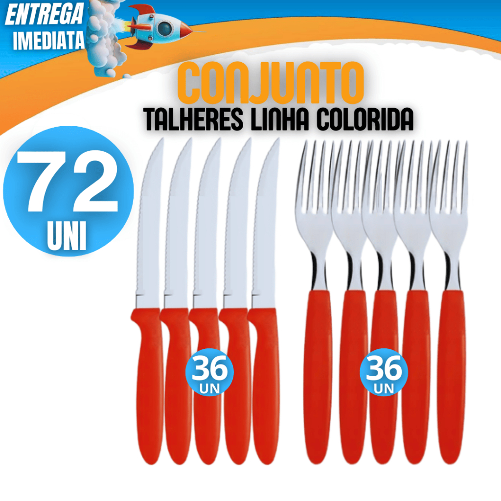KIT  72 -  36 Faca 36 Garfo Linha Colorida Linha Premium Cabo Plástico Inox Cozinha Variáveis Casa Culinária Utilidades