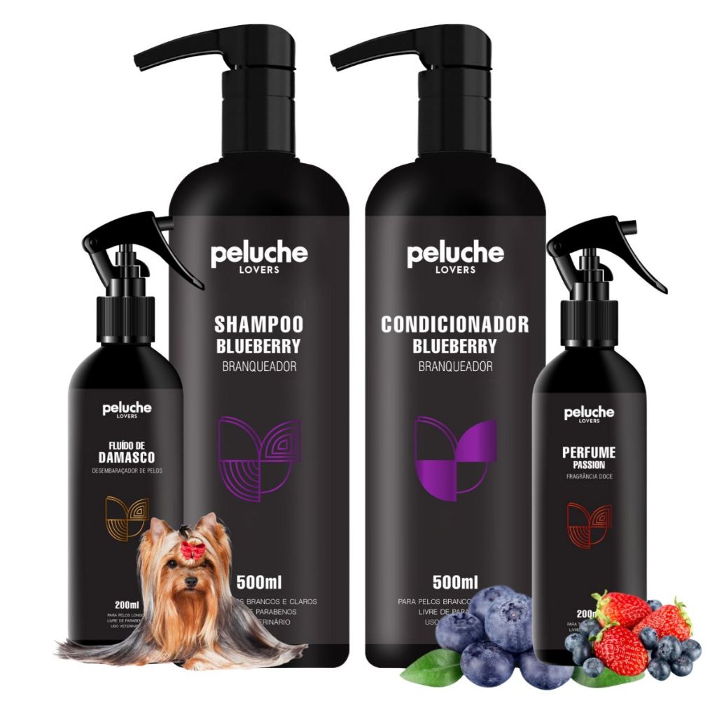 Shampoo e Condicionador Pet Branqueador Peluche Blueberry + Desembaraçador  + Perfume Passion
