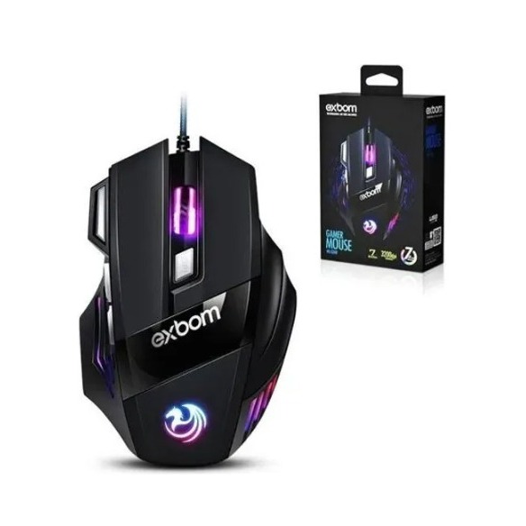 Mouse Gamer 7 Botões 3200dpi Com fio USB Exbom MS-G260 Led Colorido Optico Jogo Game Profissional