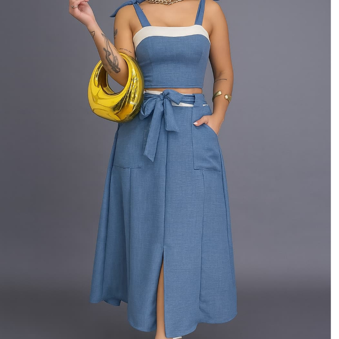 Conjunto Feminino Cropped e Saia Midi em Duna Linho – Luxo, Elegância e Tendência 2025 em Oferta na Shopee