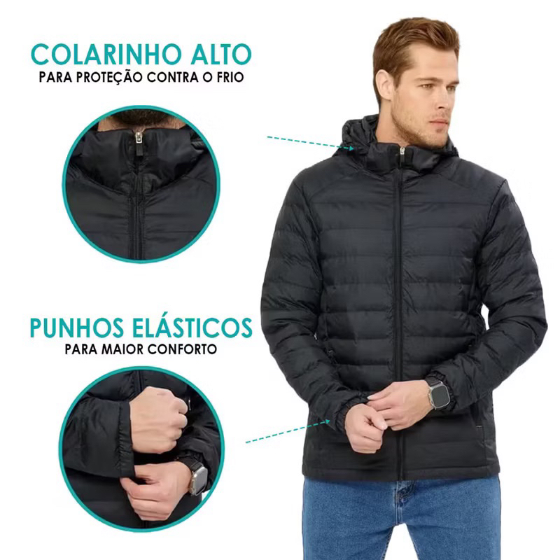 Jaqueta Puffer Bobojaco Impermeável de Frio Intenso Blusa Masculina Inverno com Capuz Removível