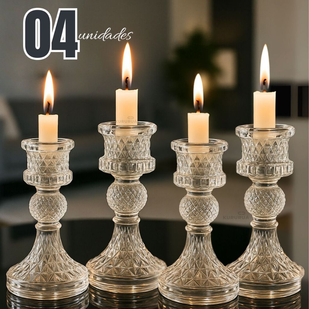 Kit 4 Castiçal De Vidro Solitario Porta Vela Cartiçal Candelabro Enfeite Decoração Luxo Mesa Natal