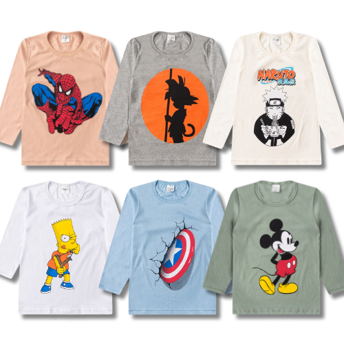 Kit 4 Camiseta Manga Longa Masculina/Menino Estampada Infantil Juvenil Meia Estação Coton do 3 ao 16