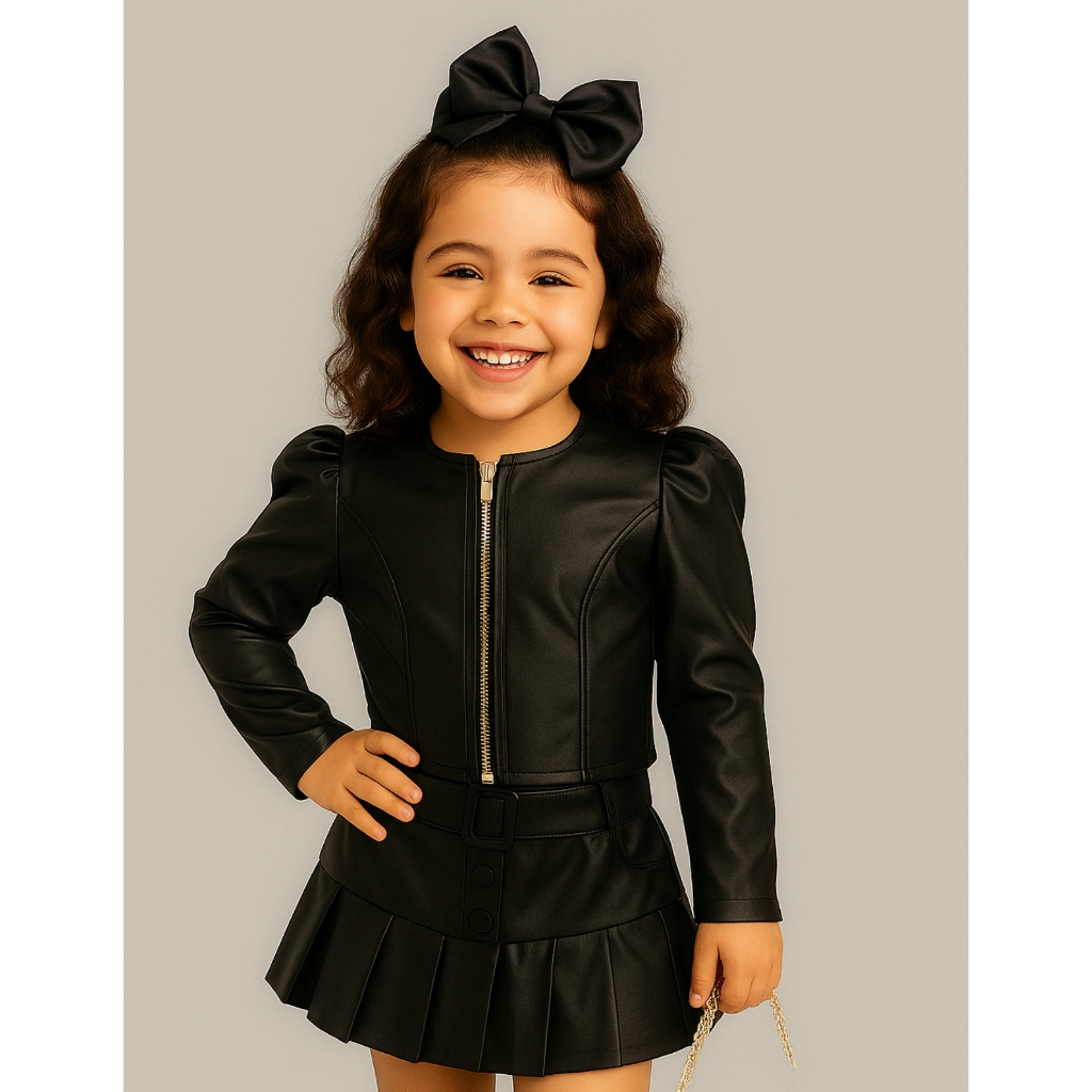 Conjunto Infantil Menina Jaqueta Couro Saia Bloguerinha Festa Inverno