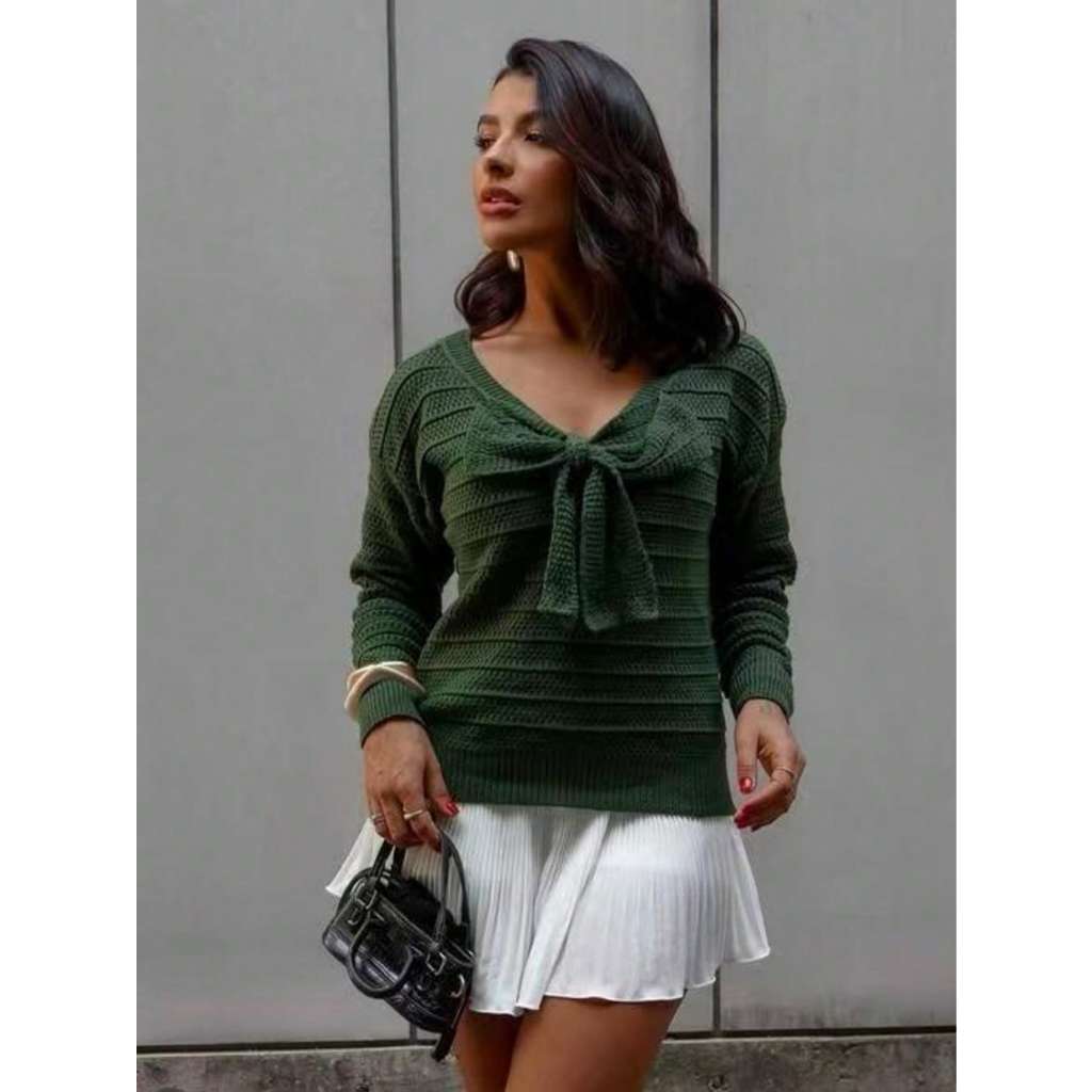 Blusa Tricô Feminina com Laço Dupla Face – Manga Longa Estilo Elegante