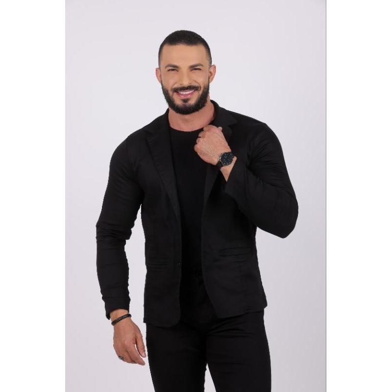 BLAZER MACULINO ALFAIATARIA SLIM SARJA ACETINADO PRETO