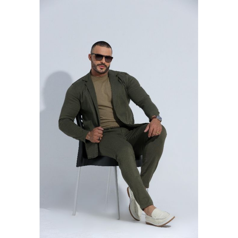 Blazer Masculino Alfaiataria Slim em Sarja Acetinada Verde Militar