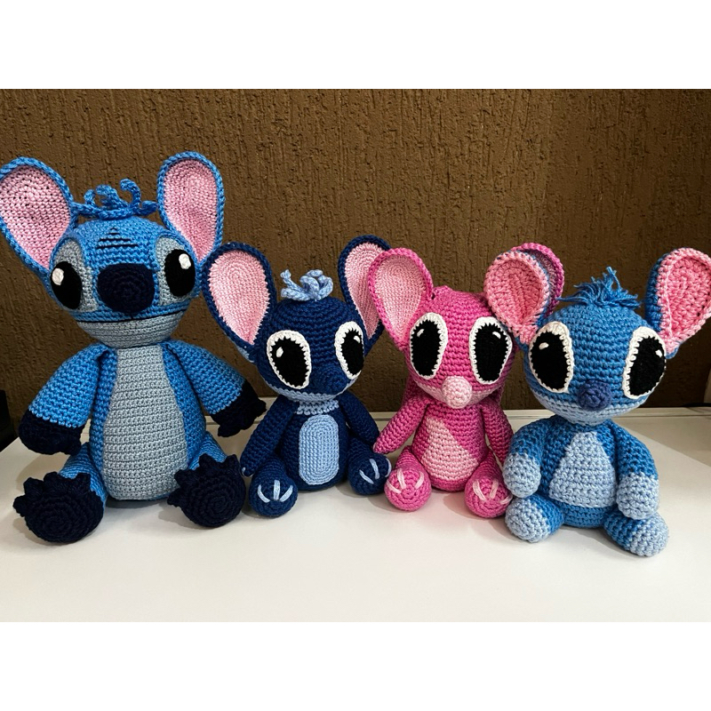 PRONTA ENTREGA Boneco Stitch Angel em Crochê Amigurumi Pelúcia Azul Rosa Lilo Filme Personagem