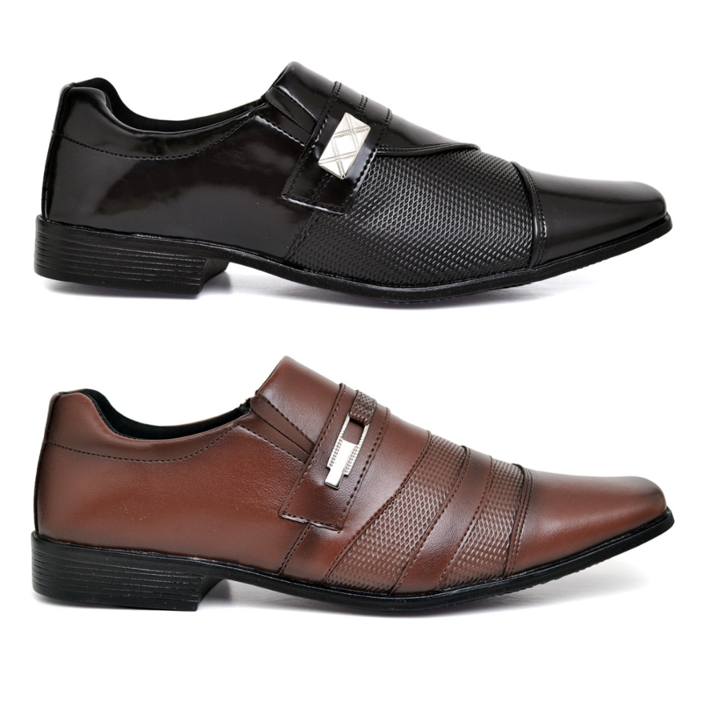 Kit 2 Pares Sapato Social Masculino Marrom Preto Verniz Confortável Couro Sintético Festa Casamento