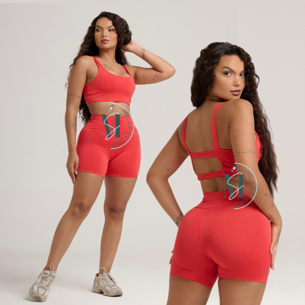 Conjunto Academia Feminino Short e Top Fitness Cintura Alta Suplex Conjunto Shorts Treino Caminhada