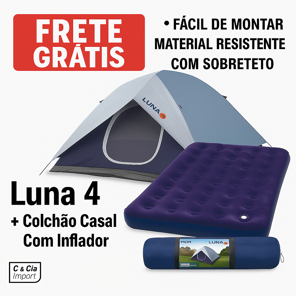 Kit Barraca Iglu Luna 4 Pessoas + Colchão Inflável + Bomba de Pé  +Kit Reparo Casal Mor em Oferta na Shopee