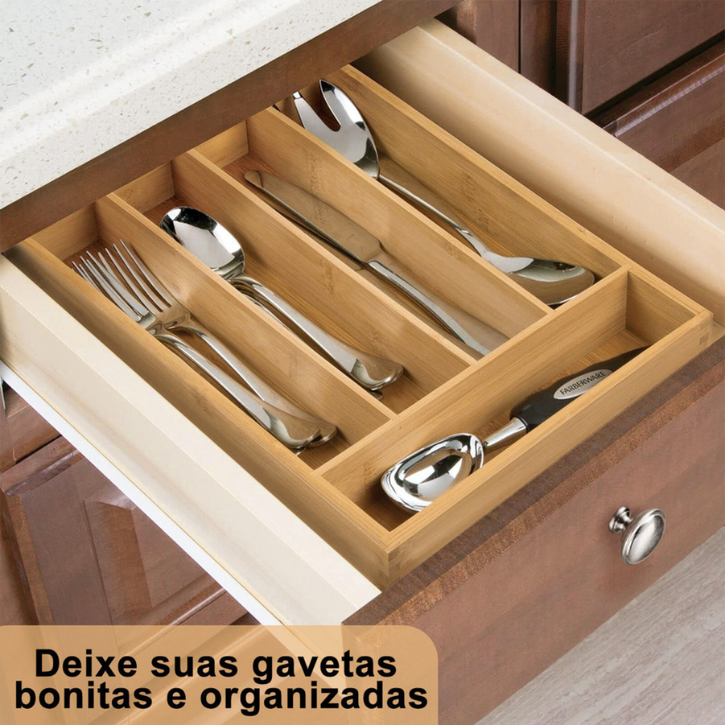 Organizador de Talheres de Bambu p/ Gaveta – 4 Divisórias, Sustentável