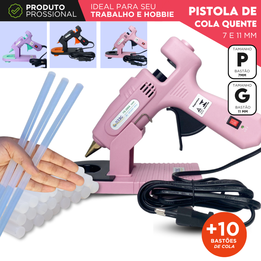 Pistola de Cola Quente Profissional C/10 Bastões de Cola Quente 7/11mm com Botão Liga/Desliga - Aero