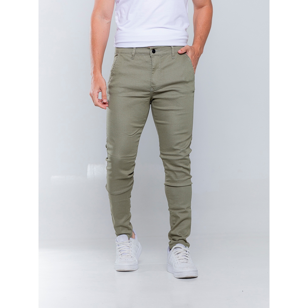 Calça Skinny Alfaiataria Esporte Fino Masculina Sarja Verde Oliva Bolso Embutido/Faca