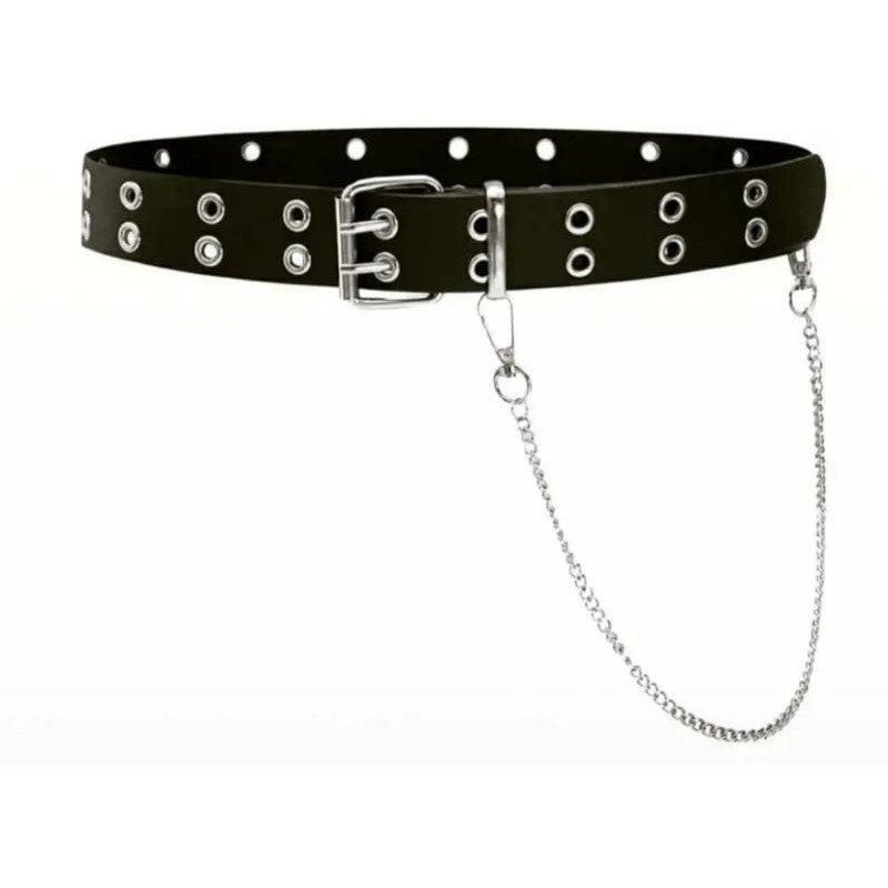 Cinto Punk rock ilhós duplo kpop rock cinto furadinho + corrente relateral em Oferta na Shopee