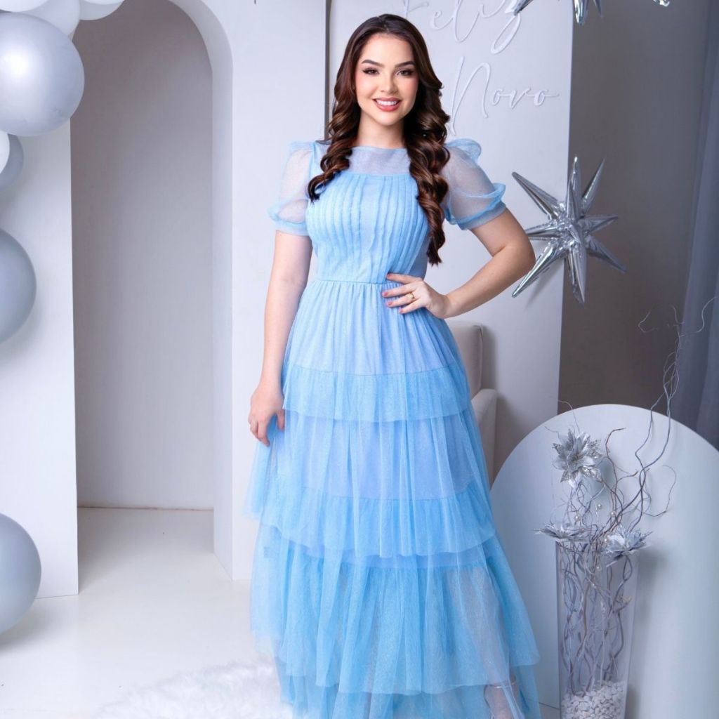 Vestido Longo Feminino Tule Brilhante Elegante Manga Curta Social Luxo Formatura Madrinha