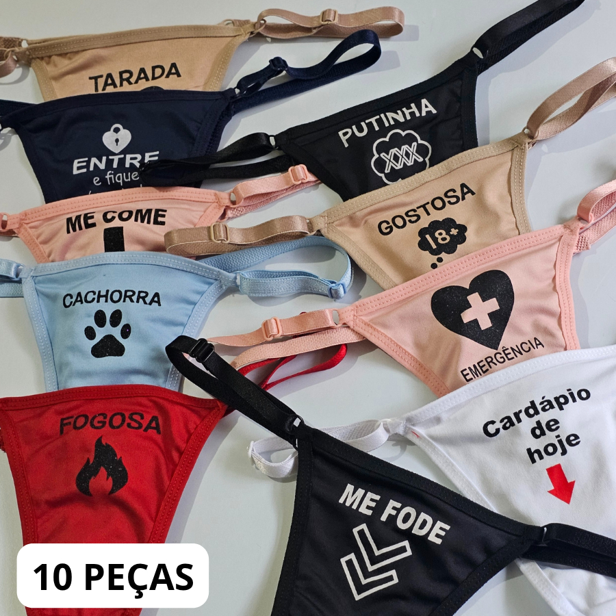 Kit 10 Calcinhas Fio Sensuais Lateral Regulagem Com Escritas Fio Dizeres Alça Regulavel