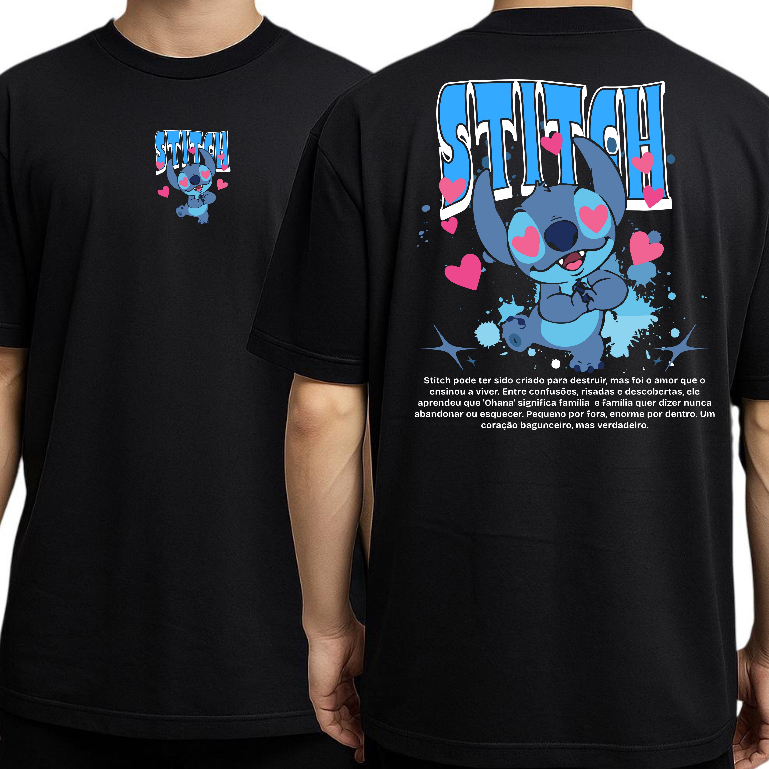 Kit 2 Camisetas Pretas Casal Streetwear Lilo Stitch e Angel Masculina e Feminina Camisa Casal