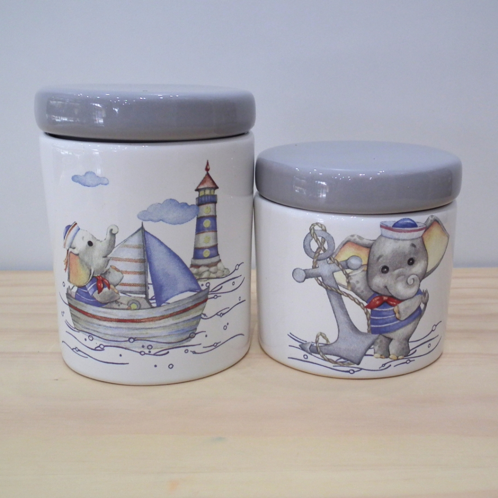 Par de Potes de Porcelana Elefantinho Marinheiro Porta Algodão e Porta Cotonete Banheiro ou Kit Higiene Bebe