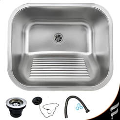 Tanque Lavanderia 50 X 45 Em Aço Inox 201 Com Válvula e Sifão Escovado Monobloco Softinox