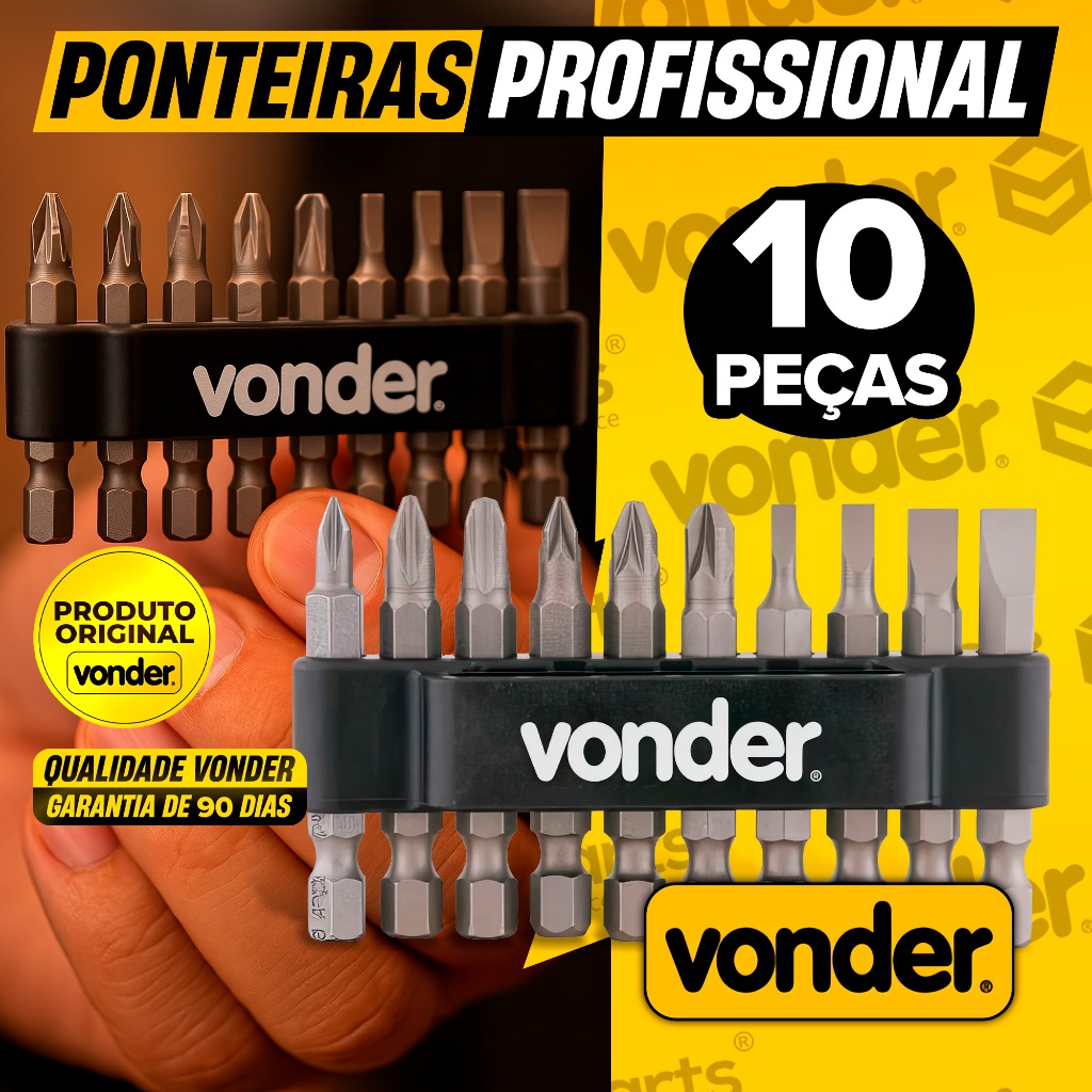 Jogo de Bits Ponteiras Vonder Profissional 10 Peça Aço Cromo Vanádio Encaixe Sextavado Parafusadeira