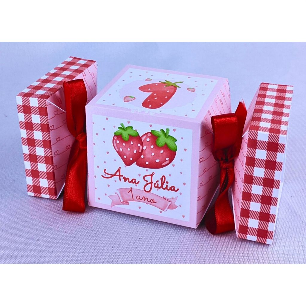 Kit 10 a 50 Caixinha Morango Moranguinho Personalizada Bala Sem Lacinho Lembrancinha de Papel Offset 180g