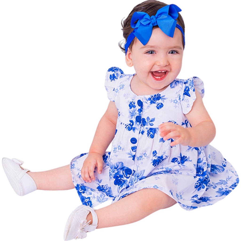 Vestido de Bebê Menina Infantil Luxo Floral Azul - Mundo Nina
