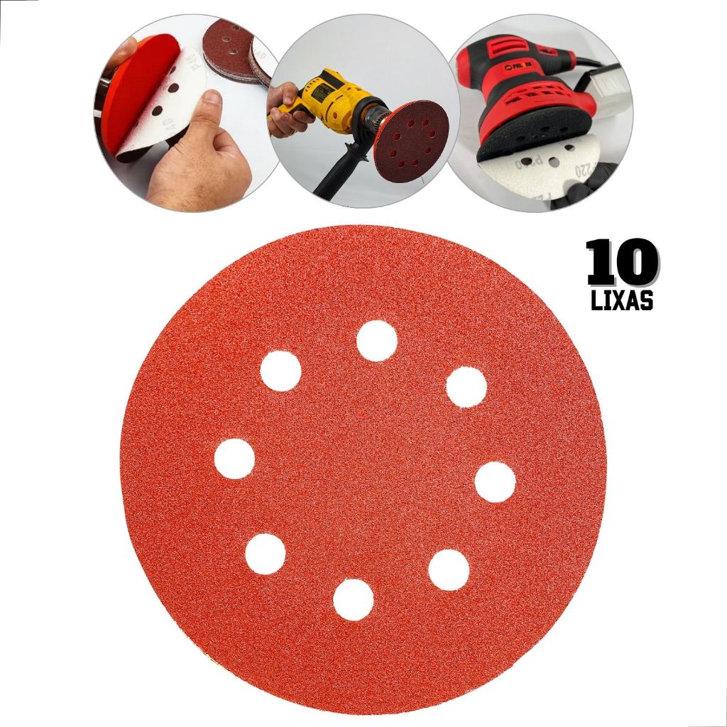 Kit 10 Disco Lixa para madeira metal massa e similares 125mm 8 Furos lixa roto orbital em Oferta na Shopee