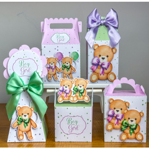 KIT Festas CHÀ REVELAÇÃO VERDE E LILÁS  URSINHA/URSINHO  MENINO/MENINA LEMBRANCINHAS/ CAIXINHAS  PEGUE E MONTE