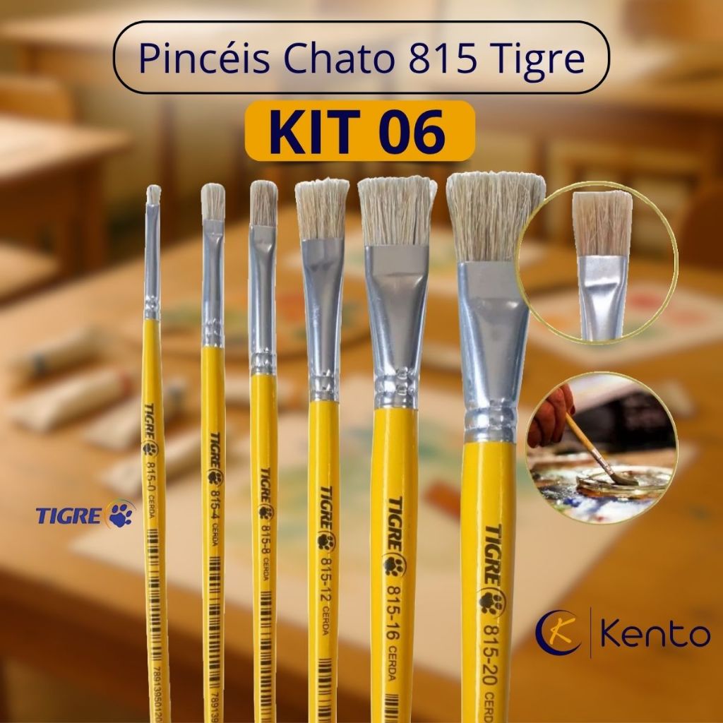 Kit 6 Pincéis Tigre Modelo Chato para Pintura Tintas Guache ou Acrílica uso Escolar ou Artesanato
