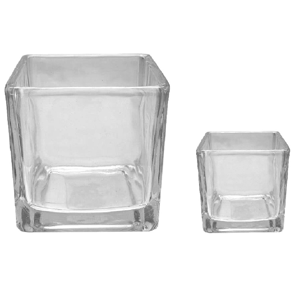 Kit 2 Copo Vaso Castiçal Cubo Vidro 8x8cm+6x6cm Transparente Quadrado Grosso Clássico Elegante