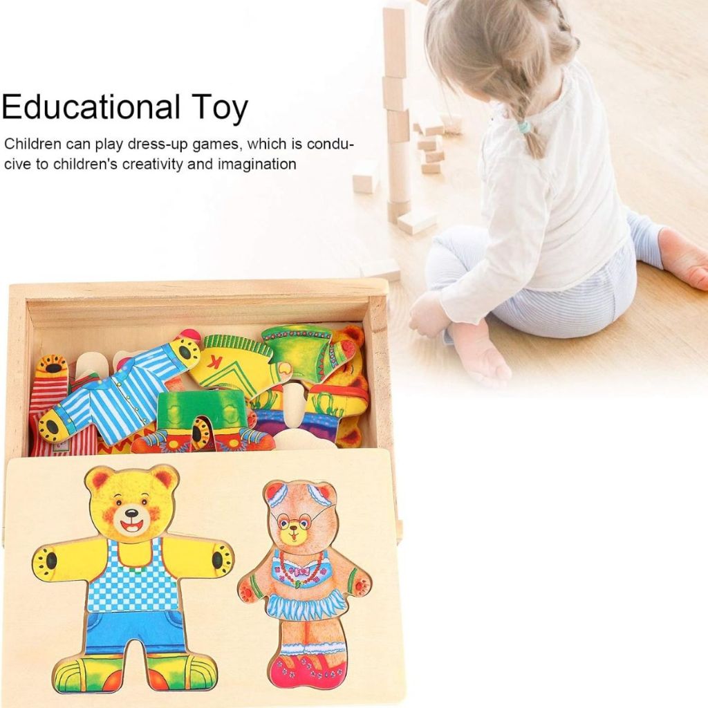 Detalhes do Troca Roupa Divertida Brinquedo de Quebra-Cabeça MDF Urso Montessori Sensorial Brinquedos de Madeira