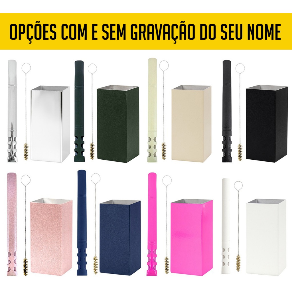 Kit Terere Inox Copo Cuia Quadrado Bomba V6 com Telinha Diversas Cores com Escova de Limpeza em Oferta na Shopee