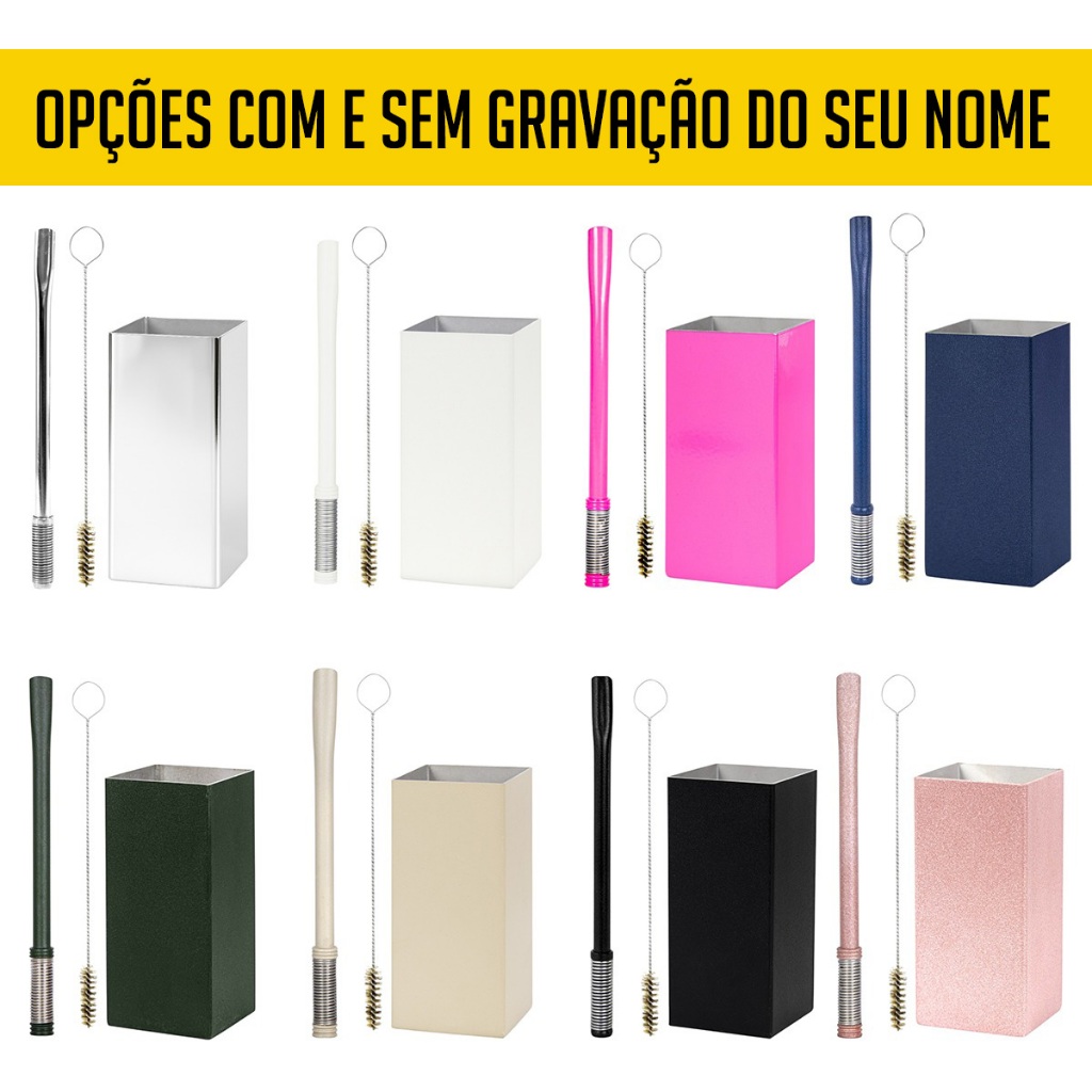 Kit Terere Inox Copo Quadrado Cuia Bomba Bojo Mola Diversas Cores com Escova de Limpeza