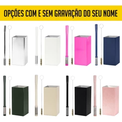 Kit Terere Inox Copo Quadrado Cuia Bomba Bojo Mola Diversas Cores com Escova de Limpeza
