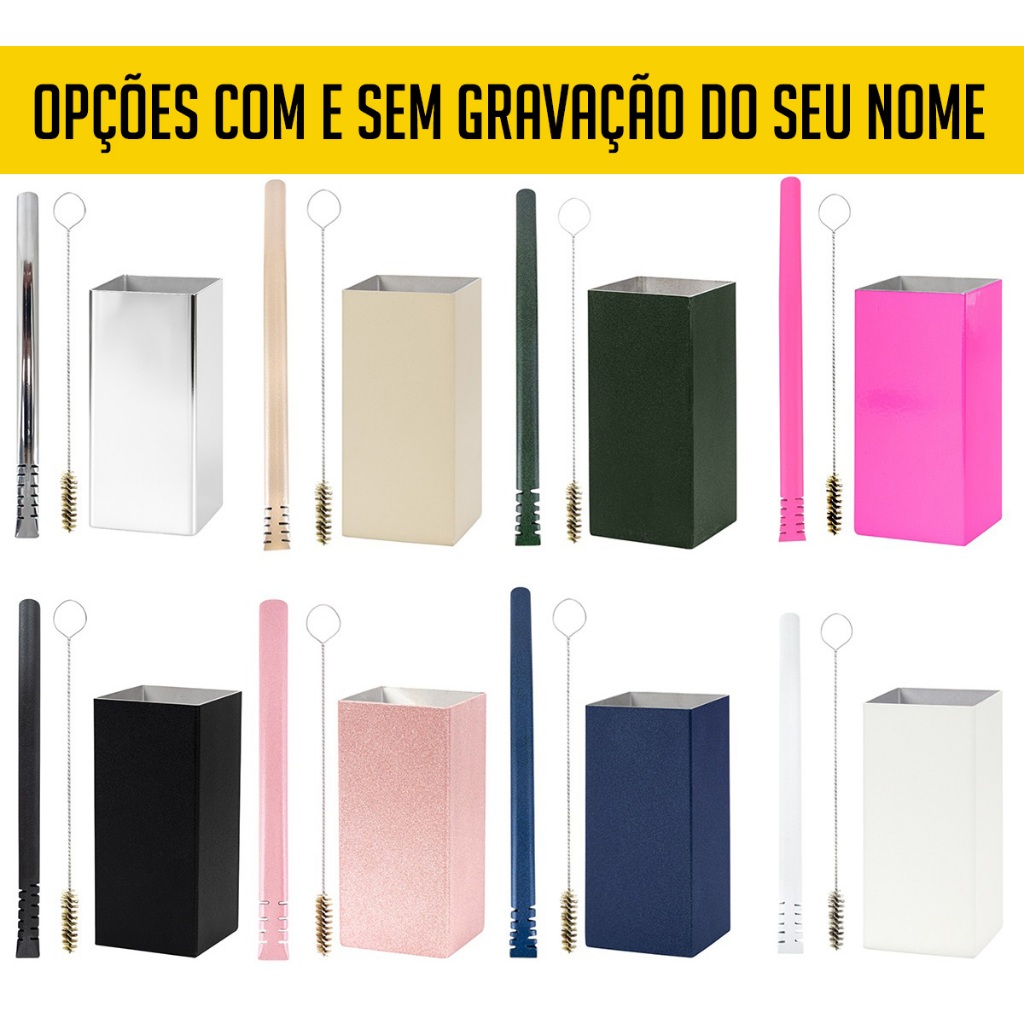 Kit Terere Inox Copo Cuia Quadrado Bomba Tereré Inox Filete Diversas Cores com Escova de Limpeza em Oferta na Shopee