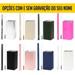 Kit Terere Inox Copo Cuia Quadrado Bomba Tereré Inox Filete Diversas Cores com Escova de Limpeza