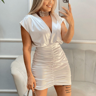Vestido Feminino  Curto Justo com Franzido e Manga Morcego – Moda Festa Tecido Brilhoso em Oferta na Shopee