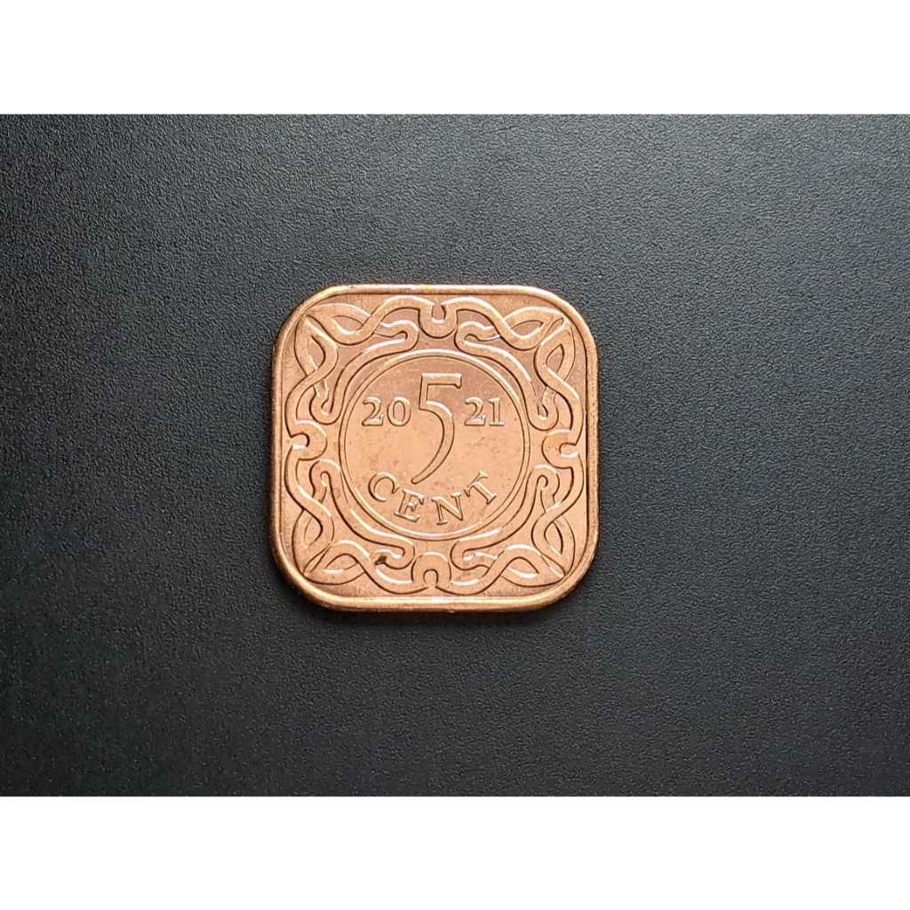 Moeda de Suriname, 5 cents, 2021, FC, aço/cobre, 18mm, quadrada