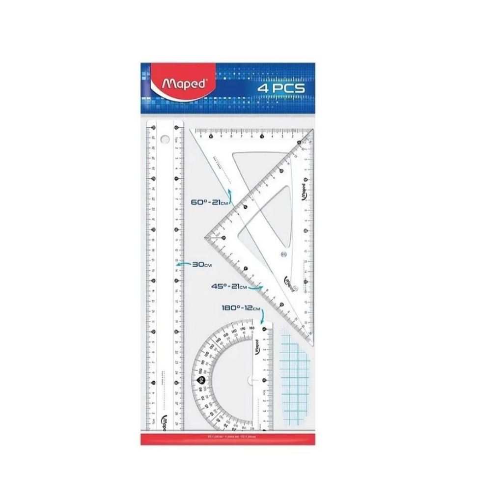 Kit Geométrico Escolar Maped 4 Peças Transparente com Régua, Esquadros e Transferidor