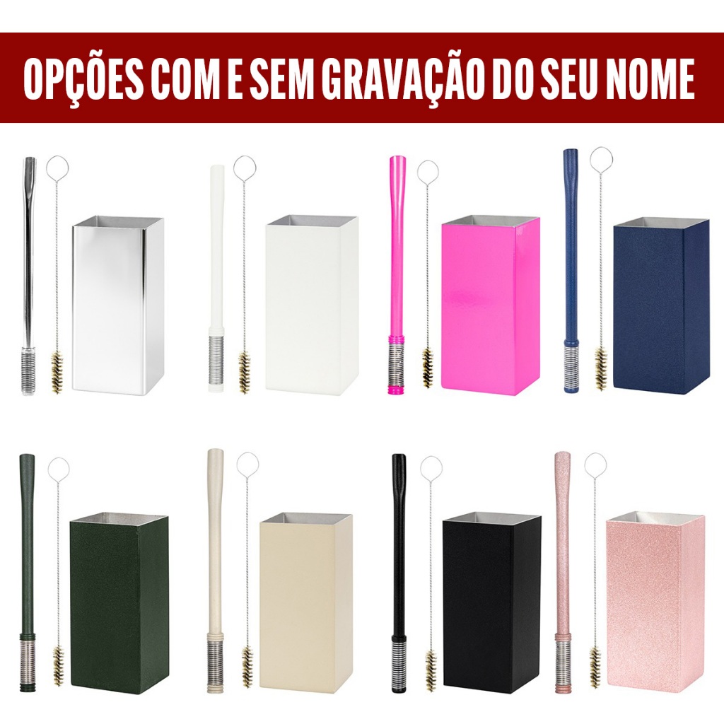 Kit Terere Inox Copo Quadrado Cuia Bomba Bojo Mola + Escova de Limpeza Cores