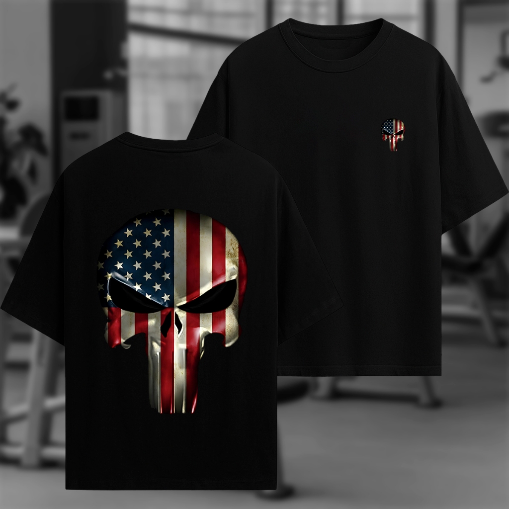 Camiseta Oversized Malha Premium Caveira USA Estampa Bandeira Americana Metálica Streetwear