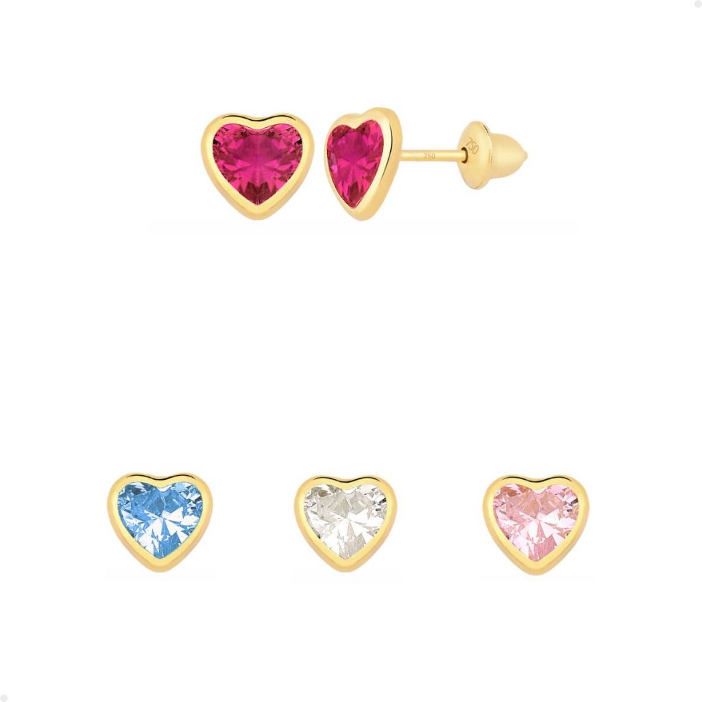 Par De Brincos De Coração Pedra 4mm Ouro 18k 750 Infantil Rosa