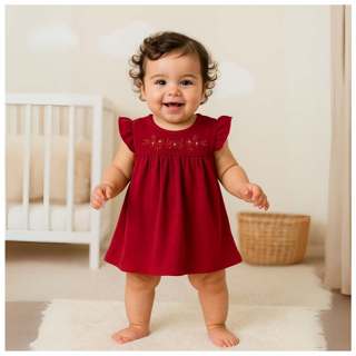 Body vestido bebê vermelho bordado flores e manga franzida em Oferta na Shopee