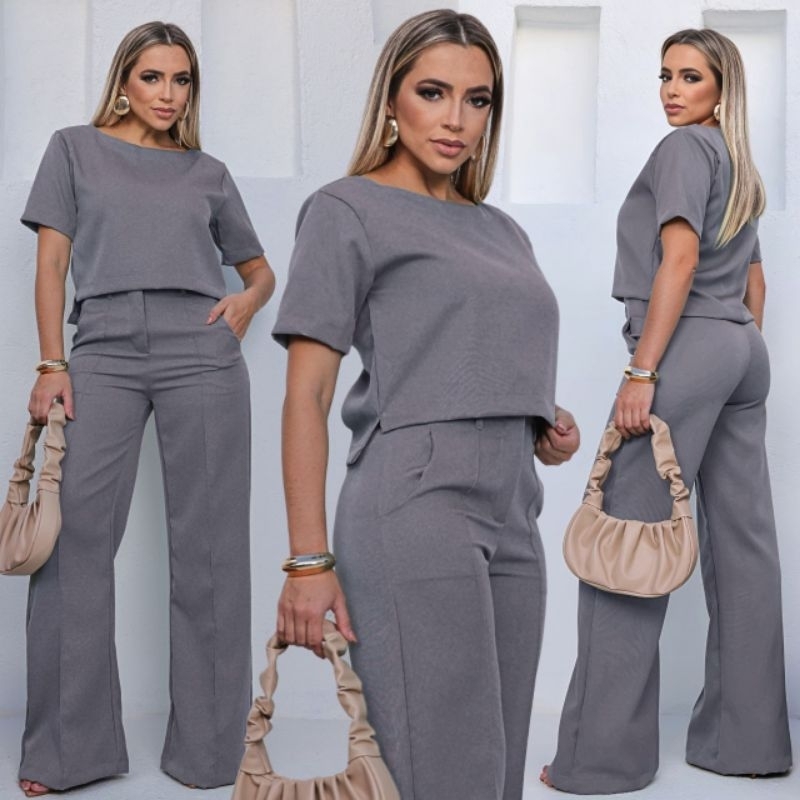 Conjunto Blusa Mulet Calça Pantalona Alfaiataria Zíper Frontal