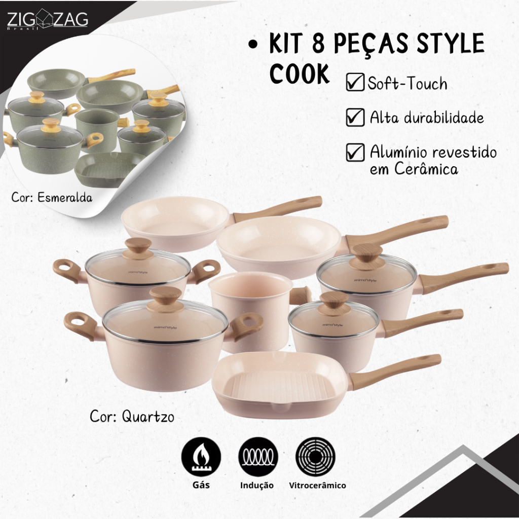 Kit 8 Peças Style Cook Antiaderente, Revestimento Cerâmico | Pra Fogões Indução, Vitrocerâmico e Gás, Quartzo, esmeralda - Home & Living