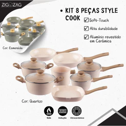 Kit 8 Peças Style Cook Antiaderente, Revestimento Cerâmico | Pra Fogões Indução, Vitrocerâmico e Gás, Quartzo, esmeralda