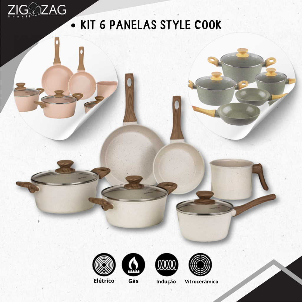 Kit de 06 Peças, Panelas Style Cook de Cerâmica Antiaderente | Para Fogão a Gás, Indução e Vitrocerâmico - Home & Living