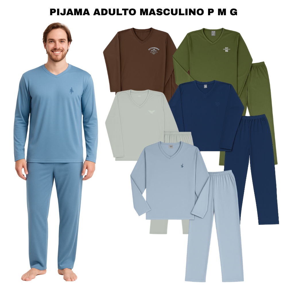 Pijama Longo Adulto Masculino Manga Comprida Bordado Sortido P ao GG